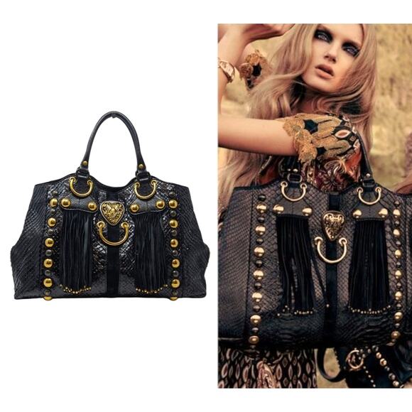 Gucci Babouska Hysteria Fall 2008 tote snakeskin fringe large black gold Y2K - Picture 1 of 16